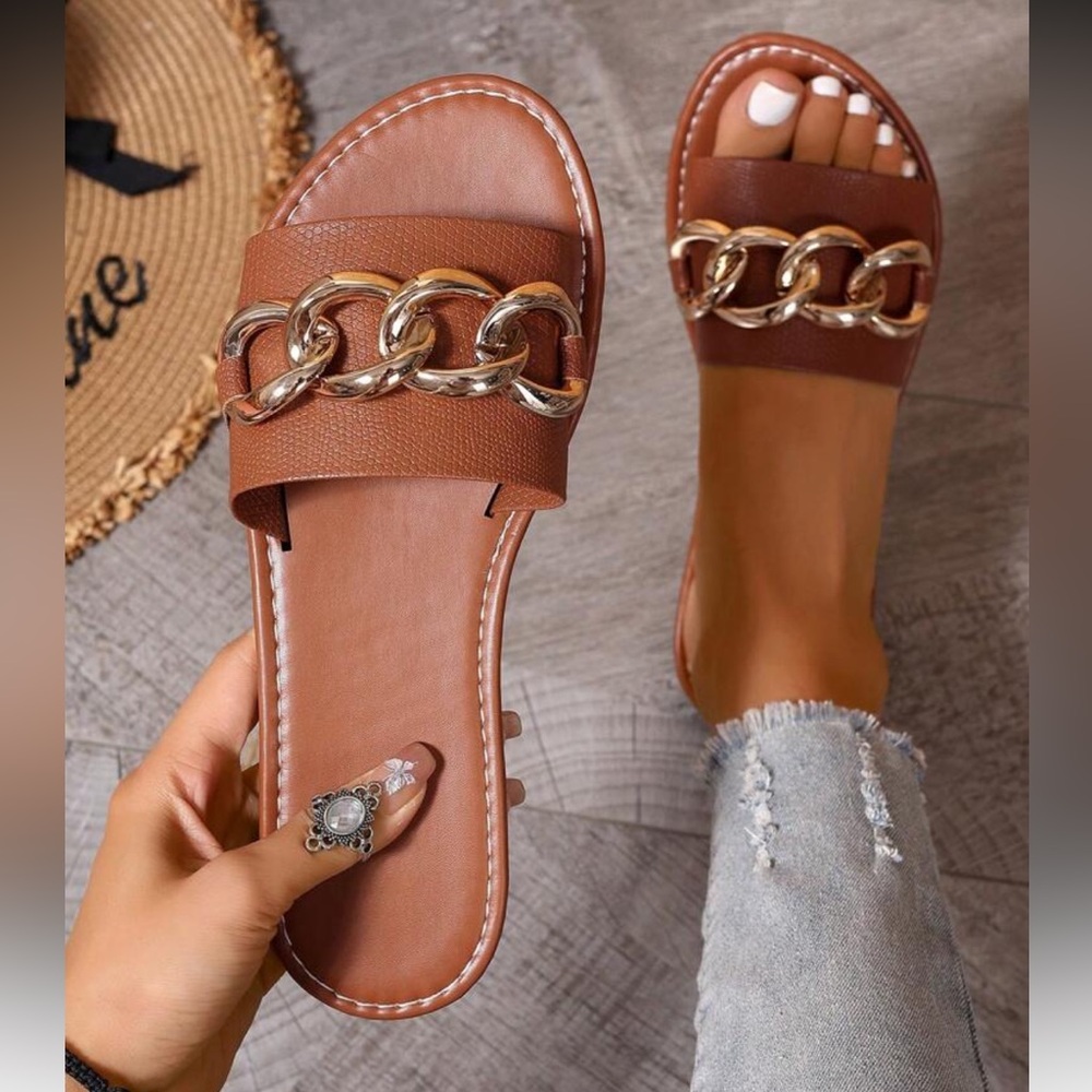 Women's Brown and Gold Chain Slide Sandals